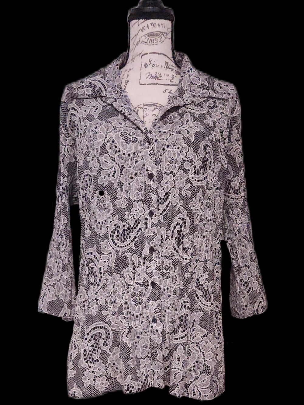 Fred David Black and Cream Lace-Print Women's Blouse 1X EUC